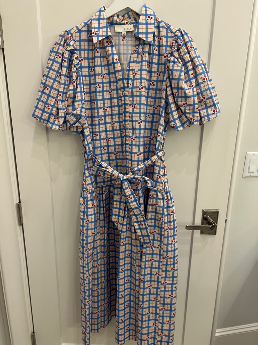 Pinch Blue Plaid Midi Dress with Cherry Motif